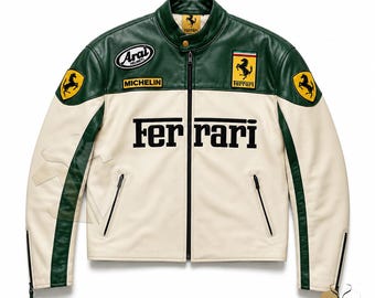 vintage Blouson de motard Ferrari Racing, Style rétro en cuir pour sport automobile, Blouson de moto