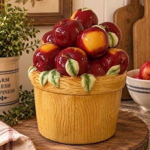 Peut inclure: Un pot à biscuits en céramique en forme de panier en bois jaune rempli de pommes rouges et jaunes brillantes. Les pommes présentent de petites feuilles vertes sculptées à la base, et le panier a une finition grain de bois texturée.