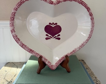 Tigela de cerâmica vintage em formato de coração: travessa rosa estilo folk art (30-35 cm)