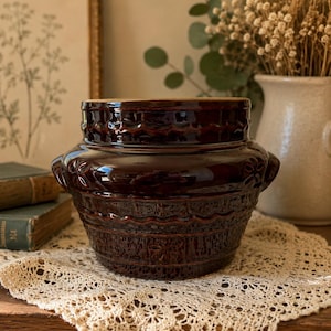 Vintage Mar-Crest Daisy Dot Bönkruka | Brun Stengods Lerkruka USA