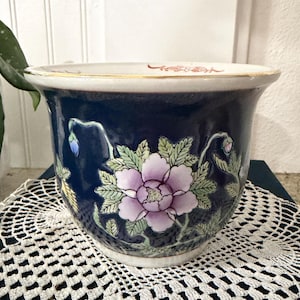 Vintage Chinese Porcelain Planter | Cobalt Blue Floral Cachepot (5" Tall)