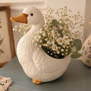 Vintage White Ceramic Duck Planter | Farmhouse Cottagecore Nursery Decor