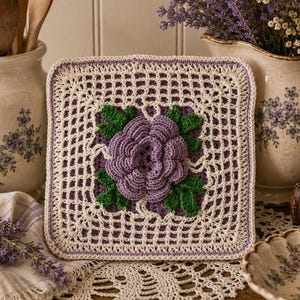 Vintage Crocheted Pot Holder | Purple Rose Hot Pad, Cottagecore Kitchen Decor