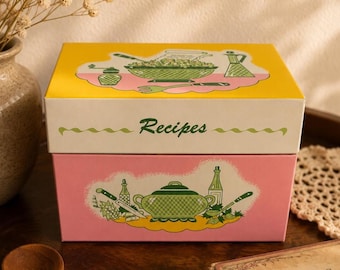 Vintage Metal Recipe Box | Pink Yellow Green Retro Kitchen Storage, Mid-Century Décor