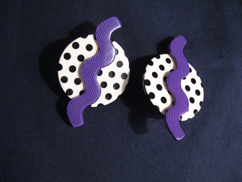 Black and White Polka Dot and Purple Squiggle Earrings image 1