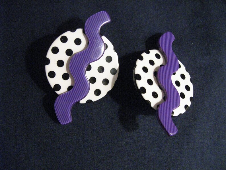 Black and White Polka Dot and Purple Squiggle Earrings image 2