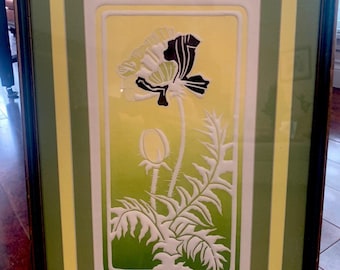 Vintage MCM Multimedia 3D Flower Iris, lithographie numérotée et signée Grandma Cottage