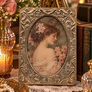 May include: A rectangular metal picture frame with an oval center opening featuring an embossed floral and ribbon design. The frame holds a print of a person with reddish-brown hair adorned with pink flowers, wearing a light-colored garment.