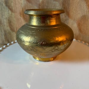 Vintage Hand-Engraved Solid Brass Lota Pot – Etched Indian Kalash Vase, Bohemian Decor