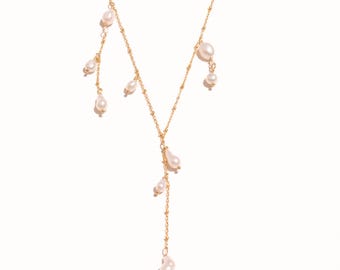 Lariat-ketting | Goudgevulde ketting, zoetwaterparels, Y-stijl, handgemaakt