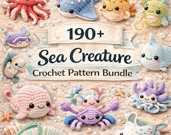 Paquete de más de 190 patrones de crochet de criaturas marinas / Amigurumi de ballena, pulpo, cangrejo, raya, ajolote y pez en formato PDF para descarga digital con acceso instantáneo.