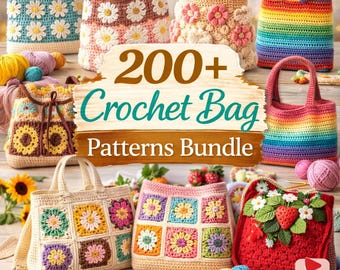 Paquete de más de 200 patrones de bolsos de ganchillo / Bolsos de mano, bolsos de playa, bolsos de abuela, cuadrados florales, descarga digital en PDF, tutorial de ganchillo, patrón instantáneo