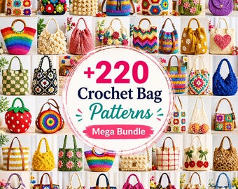 Paquete de 220 patrones de bolsos de ganchillo en formato PDF (bolso tote, bolso de mano, descarga digital)