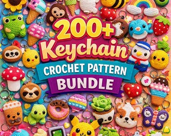 Paquete de más de 200 patrones de llaveros de ganchillo / Amigurumi de animales, comida, flores, arcoíris, lindos, en formato PDF, descarga digital, regalo DIY, acceso instantáneo