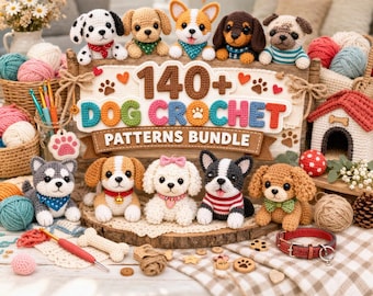 Paquete de más de 140 patrones de crochet para perros / Amigurumi de cachorros (caniche, bulldog, husky, corgi, dachshund) en formato PDF con descarga digital y acceso instantáneo.