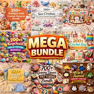 May include: A digital collage showcasing multiple crochet pattern bundles, including amigurumi, sea creatures, dogs, keychains, bags, baby items, granny squares, and animal coasters, with large text overlays indicating the quantity of patterns.