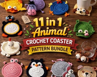 Paquete de patrones de posavasos de ganchillo con 11 diseños de animales / Lindo pingüino, cerdo, rana, pollo y perro (descarga digital en PDF)