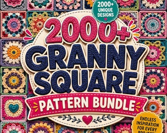 Paquete de más de 2000 patrones de ganchillo cuadrados de la abuela / Manta afgana, bolso y almohada con motivos florales retro vintage en formato PDF para descarga digital.