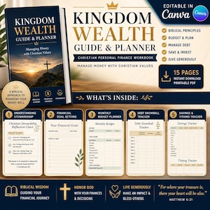 May include: A Kingdom Wealth Guide & Planner workbook featuring a dark blue cover with a cross on a mountain at sunset. The digital product includes 15 printable pages for financial tracking, budget planning, debt management, and savings goals.