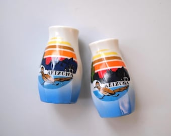 Saliera e pepiera in ceramica, souvenir vintage del tramonto in Arizona.