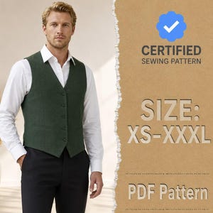 Puede incluir: Un chaleco verde oscuro sobre una camisa blanca de manga larga y pantalones negros. La imagen incluye el texto CERTIFIED SEWING PATTERN, SIZE: XS-XXXL y PDF Pattern con un icono de marca de verificación azul sobre fondo marrón.