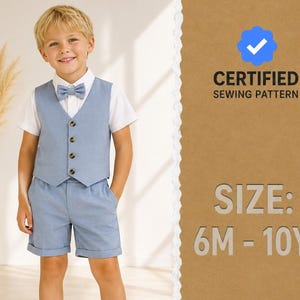 Puede incluir: Un conjunto de chaleco y pantalones cortos azul claro con una camisa blanca de manga corta y una pajarita a juego. El chaleco tiene cuatro botones marrones. El texto a la derecha dice CERTIFIED SEWING PATTERN y SIZE: 6M - 10Y.