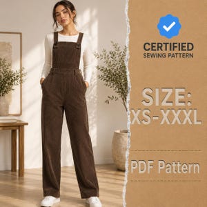 Pode incluir: Um macacão de veludo cotelê marrom com decote quadrado e calças de perna larga, usado sobre uma camisa branca de manga comprida. A imagem inclui o texto CERTIFIED SEWING PATTERN, SIZE: XS-XXXL e PDF Pattern em um fundo marrom texturizado.