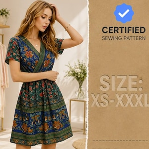 Puede incluir: Un vestido cruzado de manga corta con una base azul oscuro y un estampado floral multicolor en tonos naranja, verde y amarillo. El texto a la derecha dice CERTIFIED SEWING PATTERN y SIZE: XS-XXXL con un icono de marca de verificación azul.