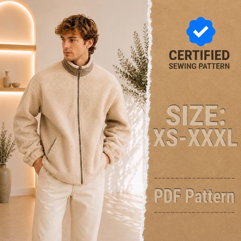 May include: A beige fleece jacket with a full-length zipper and a contrasting dark collar. The text on the right side reads: CERTIFIED SEWING PATTERN, SIZE: XS-XXXL, PDF Pattern. The jacket features long sleeves and a textured, fuzzy material.