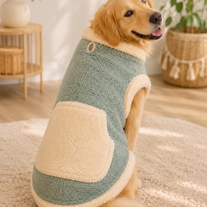 Puede incluir: Un golden retriever lleva puesto un chaleco para perro de forro polar sherpa en color verde salvia y crema. El chaleco presenta un material texturizado y esponjoso, un bolsillo grande de color crema en la espalda, bordes color crema y un ojal.