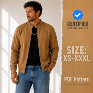 May include: A tan bomber jacket with a stand-up collar, long sleeves, and a front zipper closure, worn over a black shirt and blue jeans. The image includes text stating CERTIFIED SEWING PATTERN, SIZE: XS-XXXL, and PDF Pattern.