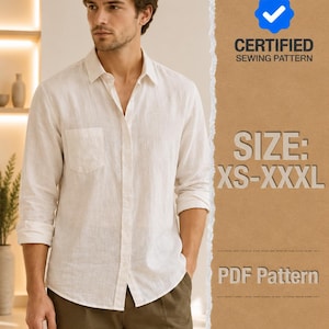 Puede incluir: Una camisa de manga larga en color blanco roto con bolsillo en el pecho, combinada con pantalones verde oliva. La imagen incluye el texto CERTIFIED SEWING PATTERN, SIZE: XS-XXXL y PDF Pattern, indicando un patrón de costura digital.