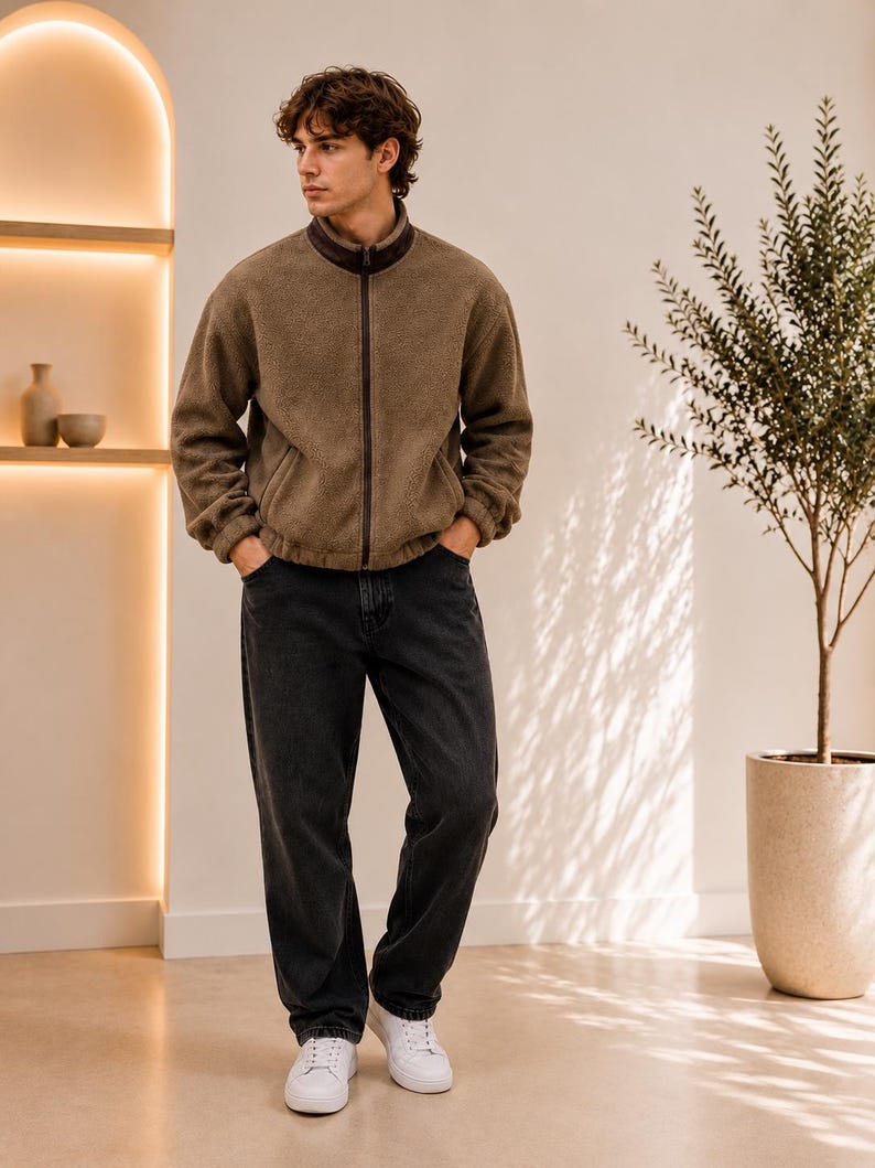May include: A brown fleece zip-up jacket with a high collar and dark brown trim, paired with charcoal gray denim jeans and white sneakers. The jacket features a textured material, a full-length front zipper, and long sleeves with ribbed cuffs.