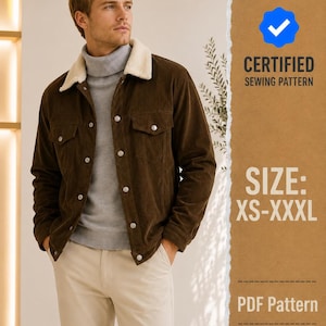 Puede incluir: Una chaqueta de pana marrón con cuello de sherpa blanco, botones plateados y dos bolsillos en el pecho. La imagen incluye el texto CERTIFIED SEWING PATTERN, SIZE: XS-XXXL y PDF Pattern. La chaqueta se lleva sobre un suéter de cuello alto gris.
