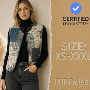Puede incluir: Un chaleco acolchado sin mangas con un diseño de patchwork de patrones florales y geométricos en tonos azul, gris y crema apagados. El chaleco tiene cierre de botones y ribete gris. El texto dice CERTIFIED SEWING PATTERN SIZE: XS-XXXL PDF Pattern.