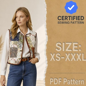 Könnte beinhalten: Eine ärmellose Weste mit Patchwork-Muster aus Blumen- und Pflanzenmotiven in gedeckten Farben, brauner Einfassung, Knöpfen und weißem Hemd mit Kragen. Text: CERTIFIED SEWING PATTERN, SIZE: XS-XXXL, PDF Pattern.