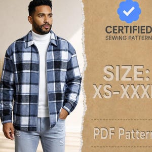 May include: A blue, white, and black plaid zip-up jacket worn over a white turtleneck sweater and light blue jeans. The image includes text stating CERTIFIED SEWING PATTERN, SIZE: XS-XXXL, and PDF Pattern on a textured tan background.
