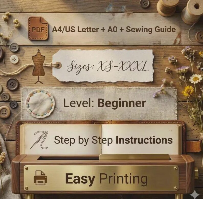Peut inclure: Un affichage d'informations sur un patron de couture avec le texte PDF A4/US Letter + A0 + Sewing Guide, Sizes: XS-XXXL, Level: Beginner, Step by Step Instructions, et Easy Printing, dispos&eacute; sur une surface en bois avec des accessoires.