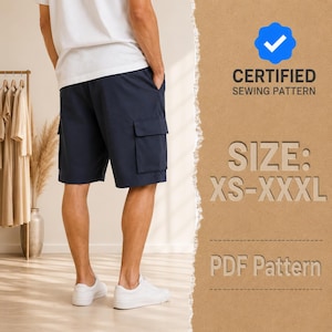 Może przedstawiać: Granatowe szorty typu cargo z kieszeniami bocznymi, zestawione z białym t-shirtem. Obraz zawiera tekst CERTIFIED SEWING PATTERN, SIZE: XS-XXXL oraz PDF Pattern, z niebieską ikoną znacznika na teksturowanym beżowym tle.
