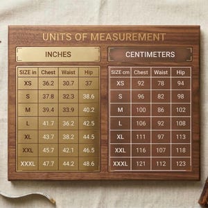 May include: A rectangular wooden plaque featuring a dual-column chart titled UNITS OF MEASUREMENT. The left side displays size data in inches on a gold-toned plate, while the right side displays corresponding metric data in centimeters on a dark wood panel.