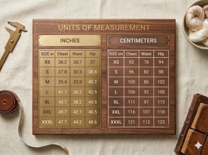 May include: A rectangular wooden plaque featuring a dual-column chart titled UNITS OF MEASUREMENT. The left side displays size data in inches on a gold-toned plate, while the right side displays corresponding metric data in centimeters on a dark wood panel.