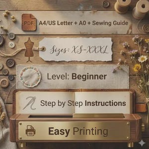 May include: A digital sewing pattern guide featuring text labels for PDF A4/US Letter and A0 formats, sizes XS-XXXL, beginner skill level, step-by-step instructions, and easy printing. The layout includes a dress form icon, needle icon, and printer icon.