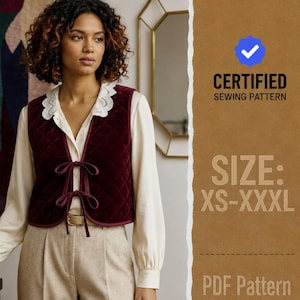 May include: A deep burgundy quilted velvet vest featuring a white scalloped lace collar and two front tie closures. The vest is worn over a long-sleeved cream blouse and beige trousers. Text on the right reads CERTIFIED SEWING PATTERN SIZE: XS-XXXL PDF Pattern.