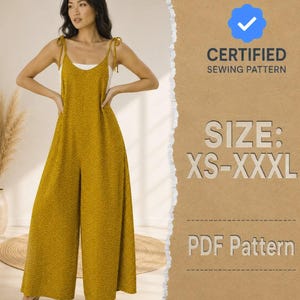 May include: A mustard yellow jumpsuit with a white dotted pattern, featuring thin shoulder straps and wide legs. The text on the right side reads CERTIFIED SEWING PATTERN, SIZE: XS-XXXL, and PDF Pattern, accompanied by a blue checkmark icon.