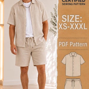 May include: A beige short-sleeved button-down shirt and matching drawstring shorts sewing pattern. The image includes text stating CERTIFIED SEWING PATTERN, SIZE: XS-XXXL, and PDF Pattern, alongside a technical line drawing of the shirt and shorts.