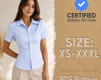Shirt Sewing Pattern, Short Sleeve Shirt Pattern, Button Up Shirt Pattern, Fitted Shirt Sewing Pattern, Sewing patterns Women, Top Pattern