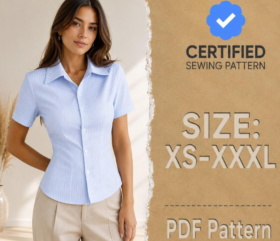 Shirt Sewing Pattern, Short Sleeve Shirt Pattern, Button Up Shirt Pattern, Fitted Shirt Sewing Pattern, Sewing patterns Women, Top Pattern