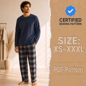 Puede incluir: Un patrón de costura para pijama que incluye una camiseta de manga larga de forro polar azul marino y pantalones de cuadros en tonos azul marino, beige y blanco. El texto dice CERTIFIED SEWING PATTERN, SIZE: XS-XXXL y PDF Pattern.