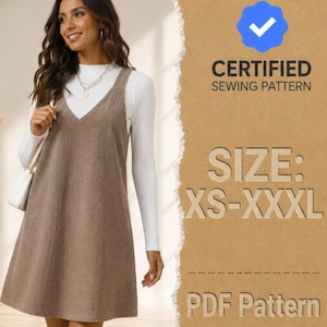 May include: A brown corduroy pinafore dress worn over a white long-sleeve shirt. The image includes a blue checkmark icon and text stating CERTIFIED SEWING PATTERN, SIZE: XS-XXXL, and PDF Pattern on a textured brown background.