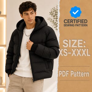 Puede incluir: Una chaqueta acolchada negra con capucha, cremallera frontal, mangas largas con puños acanalados y una camiseta blanca. La imagen incluye el texto CERTIFIED SEWING PATTERN, SIZE: XS-XXXL y PDF Pattern con un icono de marca azul.